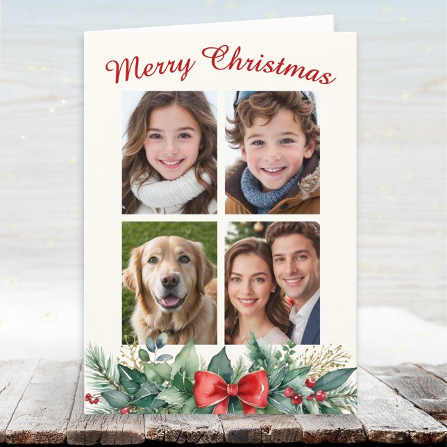 Cartes Pour Fêtes Annuelles Festive Joyeux Noël 4 Photo Collage (An elegant Christmas card to personalize with four photos of family, friends or pets)