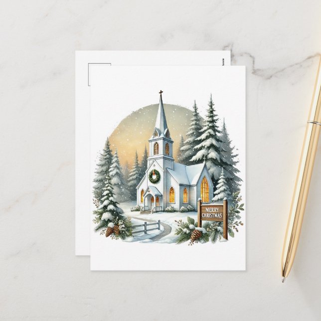 Cartes Pour Fêtes Annuelles Festive Joyeux Noël Country Church (Devant/Arrière en situation)