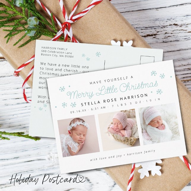 Cartes Pour Fêtes Annuelles Festive Joyeux Petit Noël Photos de naissance (Festive Merry Little Christmas Birth Photos Blue Holiday Postcard)