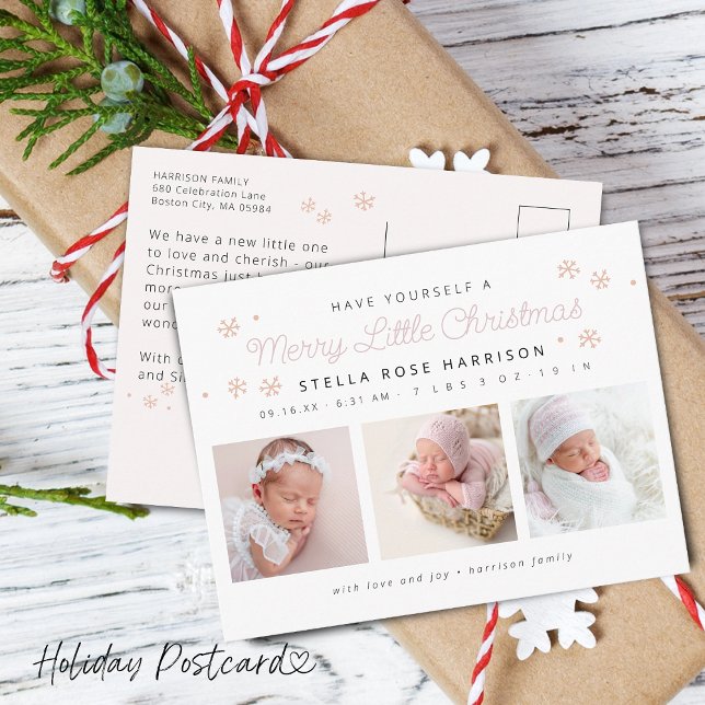Cartes Pour Fêtes Annuelles Festive Joyeux Petit Noël Photos de naissance (Festive Merry Little Christmas Birth Pink Photos Holiday Postcard)