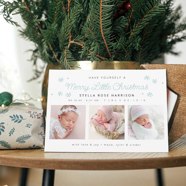 Cartes Pour Fêtes Annuelles Festive Joyeux Petit Noël Photos de naissance (Festive Merry Little Christmas Blue Birth Photos Holiday Card)