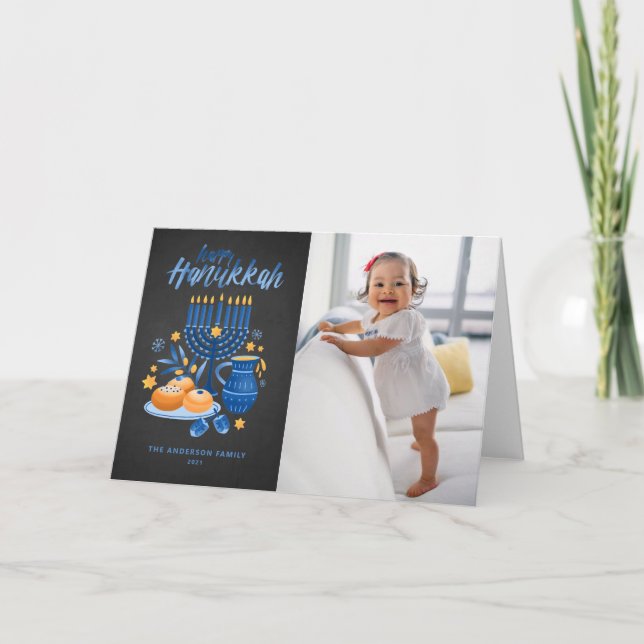 Cartes Pour Fêtes Annuelles Festive Menorah Chalkboard Photo Happy Hanoukka (Devant)