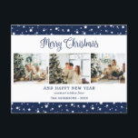 Cartes Pour Fêtes Annuelles Festive Modern Blue 3 Photo Collage Étoiles<br><div class="desc">Carte postale de vacances photo bleue avec un arrière - plan bleu étoilé avec 3 photos sur le devant et une scène d'hiver aquarelle à l'arrière. Personnalisez facilement cette carte postale moderne avec vos photos et votre texte.</div>
