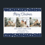 Cartes Pour Fêtes Annuelles Festive Modern Blue 3 Photo Collage Étoiles<br><div class="desc">Carte postale de vacances photo bleue avec un arrière - plan bleu étoilé avec 3 photos sur le devant et une scène d'hiver aquarelle à l'arrière. Personnalisez facilement cette carte postale moderne avec vos photos et votre texte.</div>
