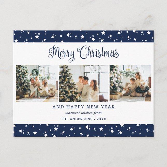 Cartes Pour Fêtes Annuelles Festive Modern Blue 3 Photo Collage Étoiles (Devant)