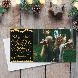 Cartes Pour Fêtes Annuelles Festive moderne Joyeux Nouvel An Black & Gold Phot