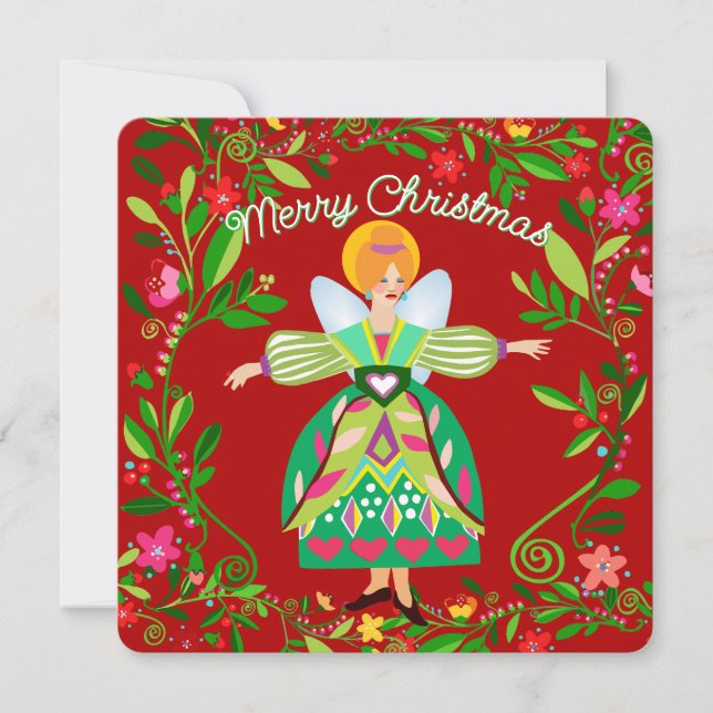Cartes Pour Fêtes Annuelles Festive moderne Red Haired Folk Angel plat (Devant)