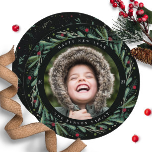Cartes Pour Fêtes Annuelles Festive New Year Wreath Leaves Berries Round Card