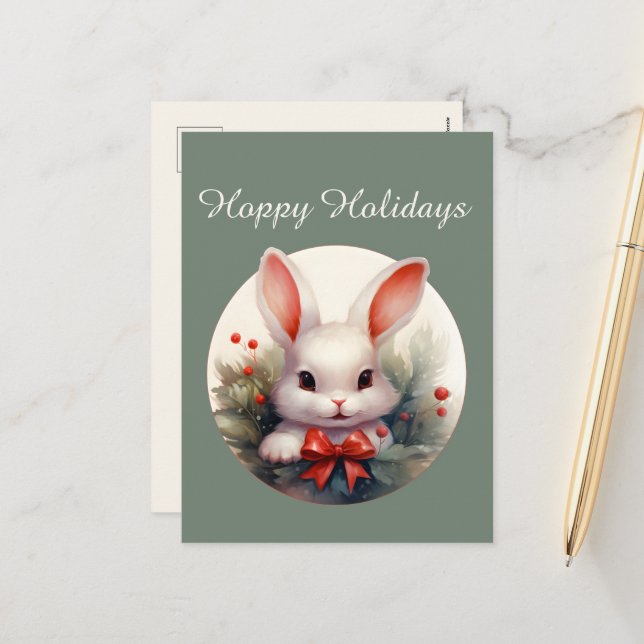 Cartes Pour Fêtes Annuelles Festive Noël aquarelle Campagne lapin Vacances (Devant/Arrière en situation)