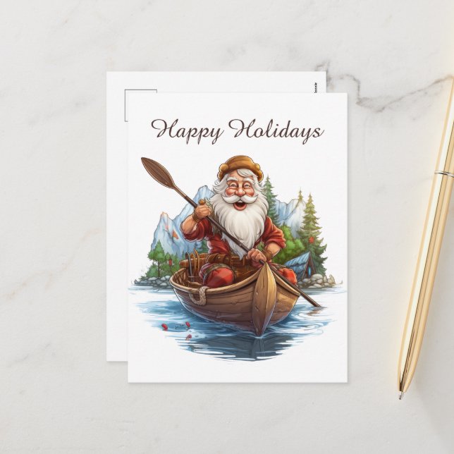 Cartes Pour Fêtes Annuelles Festive Noël Père Noël canoë ajouter du texte (Devant/Arrière en situation)