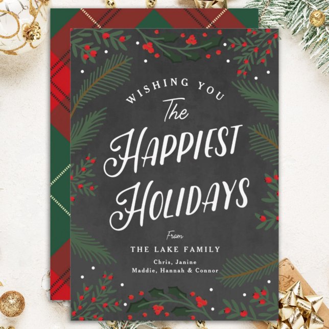 Cartes Pour Fêtes Annuelles Festive Plaid et verdure et baies sur mesure (Créateur téléchargé)