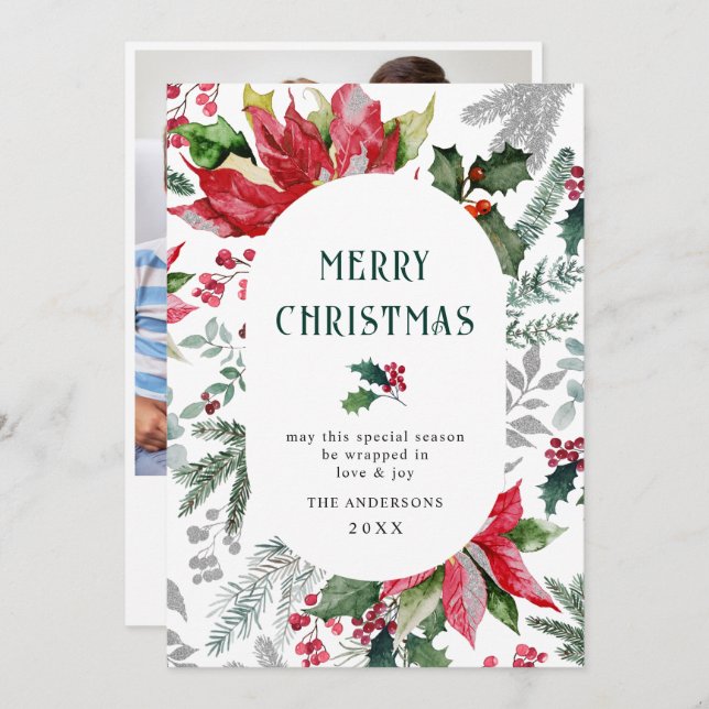 Cartes Pour Fêtes Annuelles Festive Poinsettia Christmas Mistletoe Photo (Devant / Derrière)