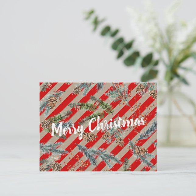 Cartes Pour Fêtes Annuelles Festive Red Stripe Pine Spruce Cones Kraft Holiday (Debout devant)