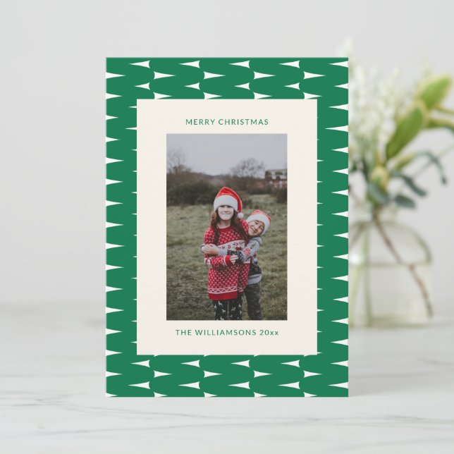 Cartes Pour Fêtes Annuelles Festive Retro Green Wavy Lines Photo de Noël (Debout devant)