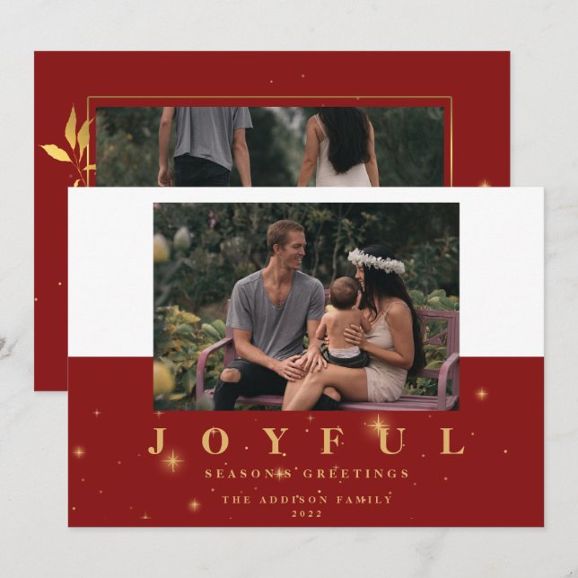 Cartes Pour Fêtes Annuelles Festive Rouge & Or Joyeux Deux photos Noël (Devant / Derrière)