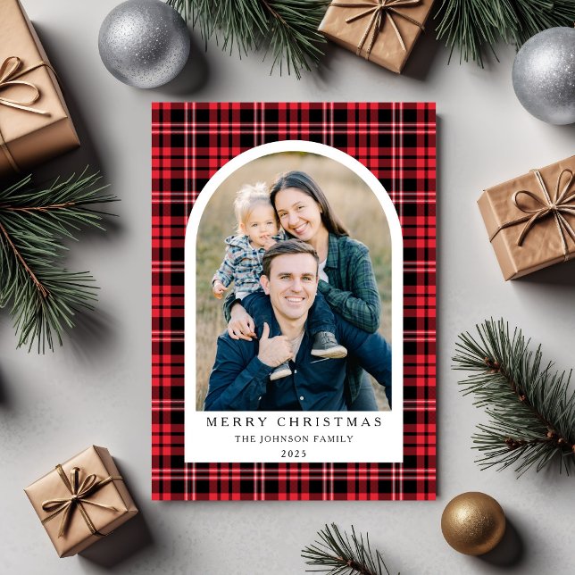 Cartes Pour Fêtes Annuelles Festive Rouge Plaid Photo Noël (Festive Red Plaid Photo Christmas Holiday Card)