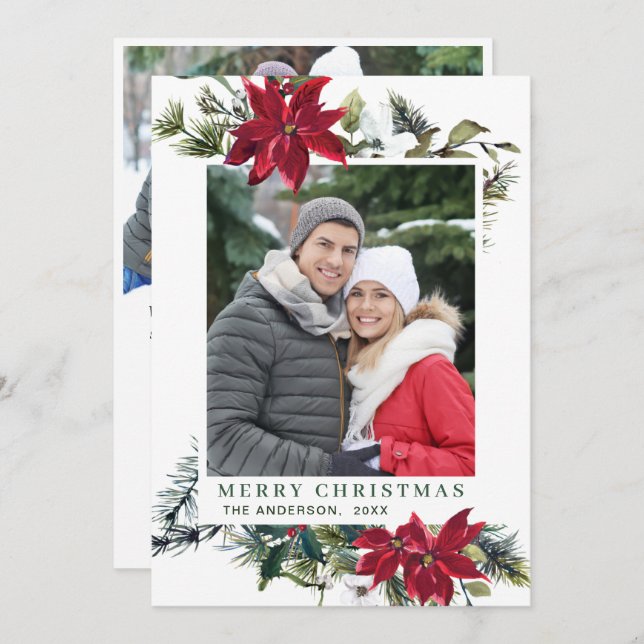 Cartes Pour Fêtes Annuelles Festive Rouge Poinsettia Noël Salutation 2 PHOTO (Devant / Derrière)