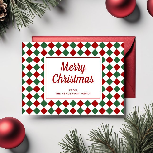 Cartes Pour Fêtes Annuelles Festive Rouge Vert Checked Joyeux Noël (Festive Red Green Checked Merry Christmas Holiday Card)