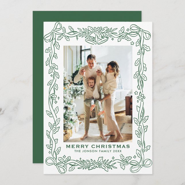 Cartes Pour Fêtes Annuelles Festive Sage Green Christmas Bow Ribbon 2 Photo Ho (Devant / Derrière)