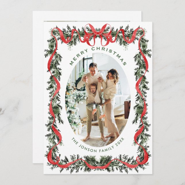Cartes Pour Fêtes Annuelles Festive Sage Green Christmas Bow Ribbon 2 Photo Ho (Devant / Derrière)