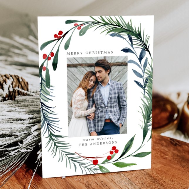 Cartes Pour Fêtes Annuelles Festive Verdure & Holly Berries Wreath Photo (Créateur téléchargé)