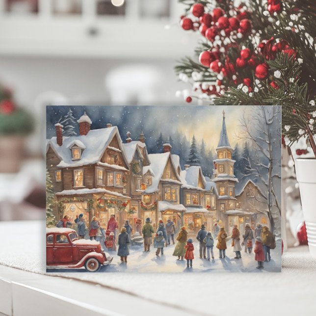 Cartes Pour Fêtes Annuelles Festive Village hiver neige Noël (Elegant Christmas painting postcard with a snow-covered winter village)