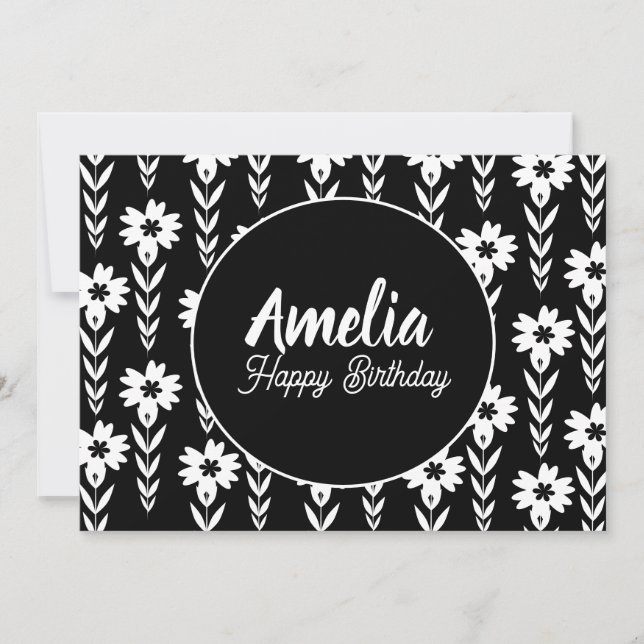 Cartes Pour Fêtes Annuelles Fête d'anniversaire Florale Noir blanc (Devant)