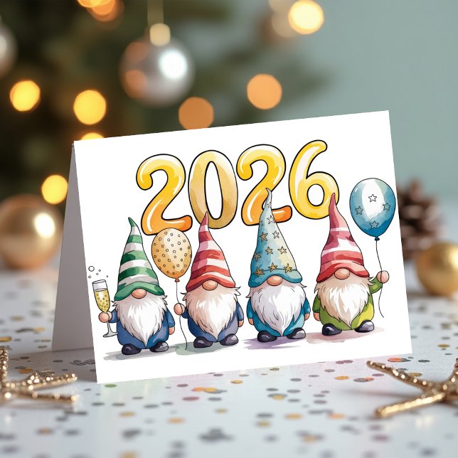 Cartes Pour Fêtes Annuelles Fête de célébration des mignons gnomes du Nouvel A (2026 New Year Cute Gnomes Celebration Party Holiday Card)