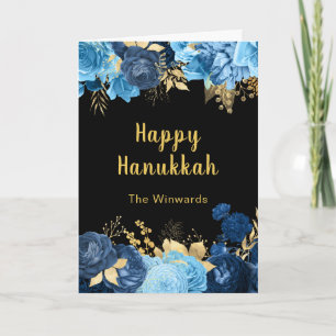 Cartes Pour Fêtes Annuelles Fête de Hanukkah aux fleurs bleues et or élégantes