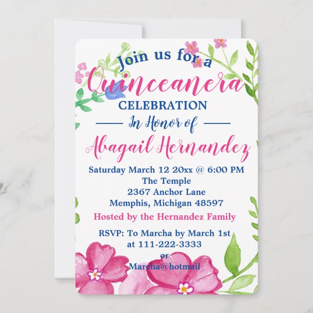 Cartes Pour Fêtes Annuelles Fête de la Quinceanera florale (Devant)