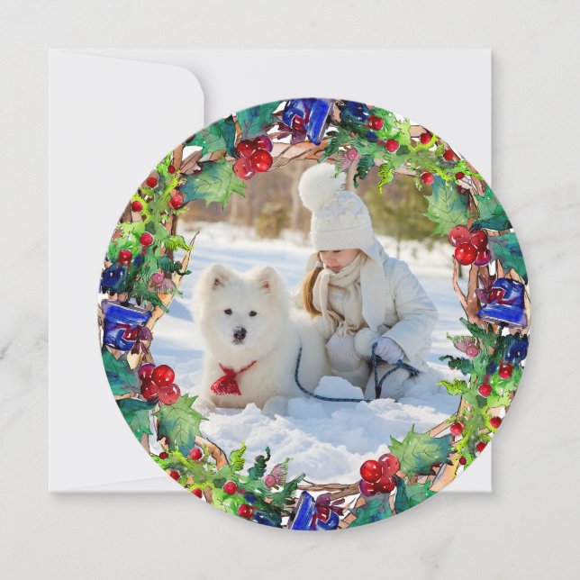 Cartes Pour Fêtes Annuelles Fête de Noël Aquarelle Florale Wreath Photo (Devant)