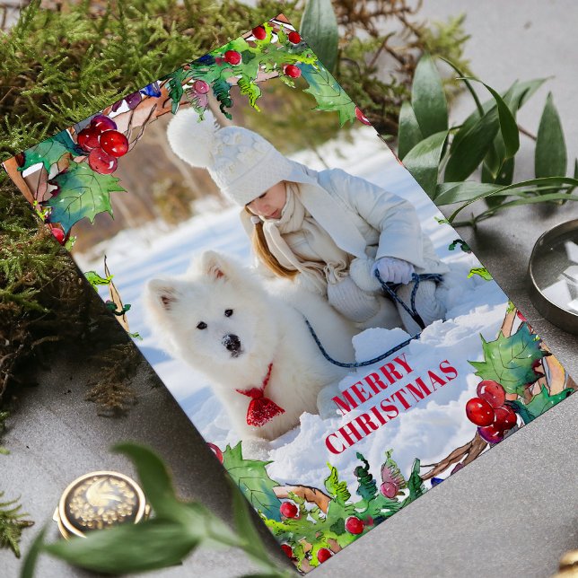 Cartes Pour Fêtes Annuelles Fête de Noël Aquarelle Florale Wreath Photo (Créateur téléchargé)