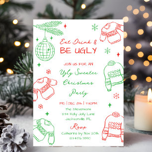 Cartes Pour Fêtes Annuelles Fête de Noël au pull moche vert et rouge dessiné à