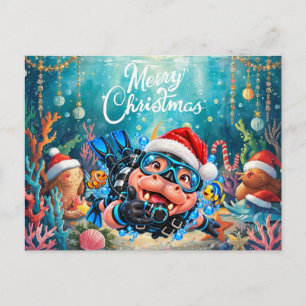 Cartes Pour Fêtes Annuelles Fête de Noël de l'Hippopotame Plongeur Sous la Mer