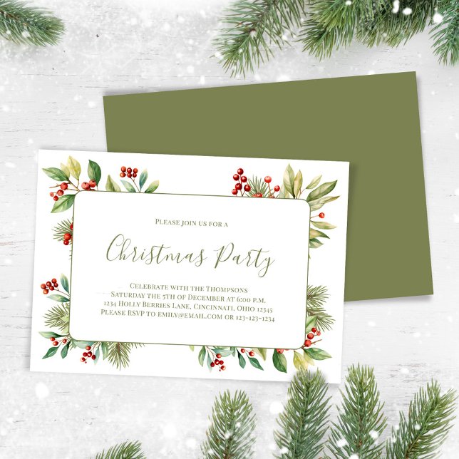 Cartes Pour Fêtes Annuelles Fête de Noël des baies vertes et rouges (Celebrate the Holidays in style with watercolor greenery and holly berries. )