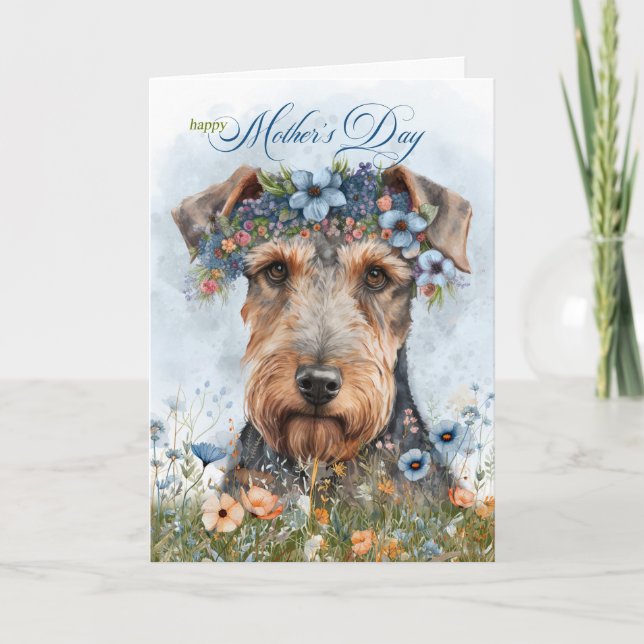 Cartes Pour Fêtes Annuelles Fête des Mères Airedale Terrier Chien avec Fleurs  (Devant)