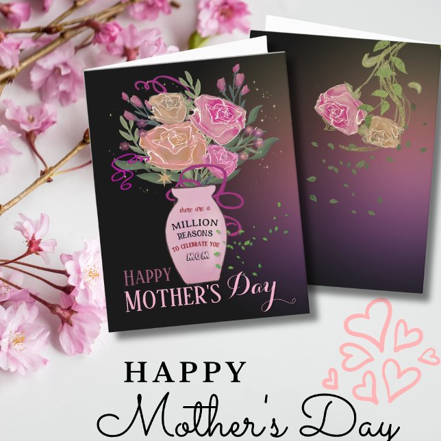 Cartes Pour Fêtes Annuelles Fête des mères Fleurs roses avec message (Mother's Day light Vase with Flowers Holiday Card (Front))