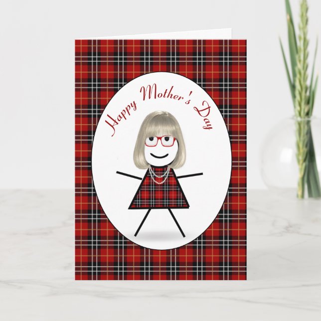 Cartes Pour Fêtes Annuelles Fête des Mères Stick Girl sur carreaux tartan (Devant)