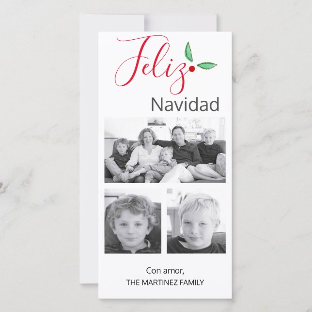 Cartes Pour Fêtes Annuelles Fête espagnole Feliz Navidad Holly Trois photos (Devant)