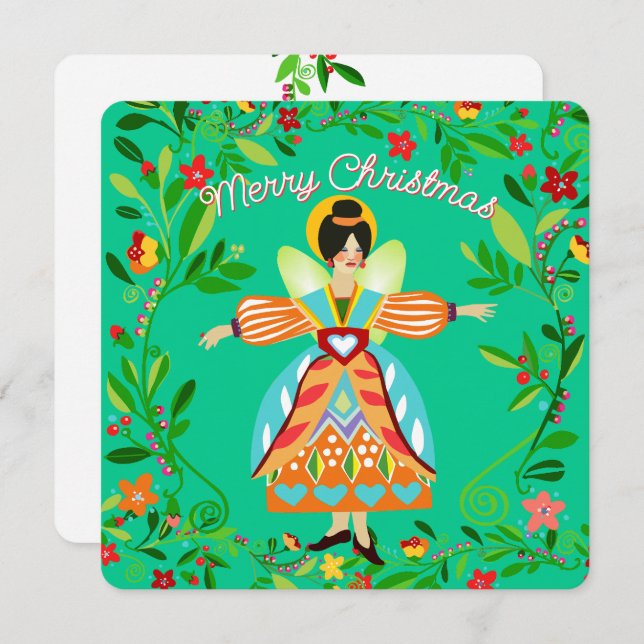 Cartes Pour Fêtes Annuelles Fête Moderne Ange du Folk Tangerine Plat (Devant / Derrière)
