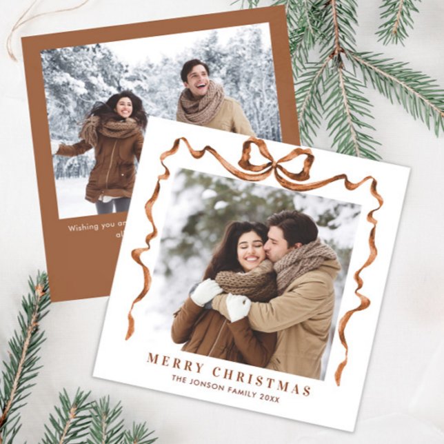 Cartes Pour Fêtes Annuelles Fête Noël Beige Boho Bow Ribbon 2 Photo (Créateur téléchargé)