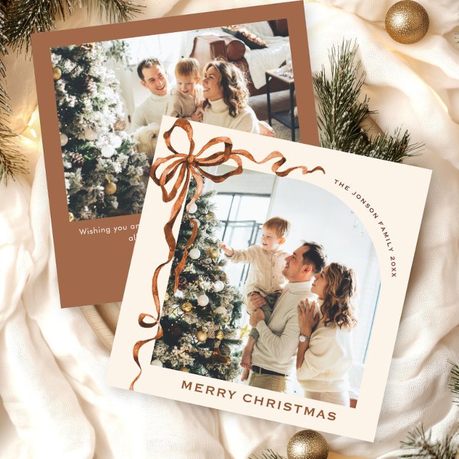 Cartes Pour Fêtes Annuelles Fête Noël Beige Boho Bow Ribbon 2 Photo (Créateur téléchargé)
