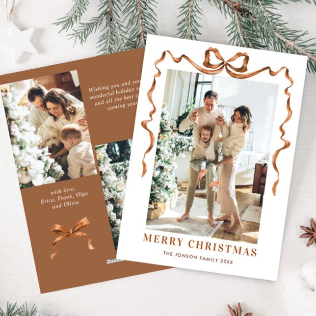 Cartes Pour Fêtes Annuelles Fête Noël Beige Boho Bow Ribbon 3 Photo (Créateur téléchargé)