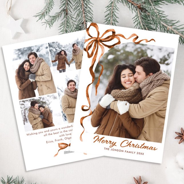 Cartes Pour Fêtes Annuelles Fête Noël Beige Boho Bow Ribbon 5 Photo (Créateur téléchargé)