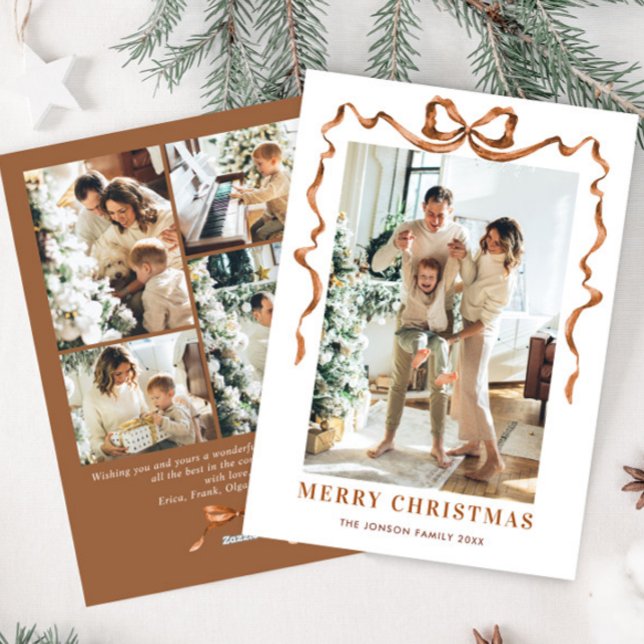 Cartes Pour Fêtes Annuelles Fête Noël Beige Boho Bow Ribbon 5 Photo (Créateur téléchargé)