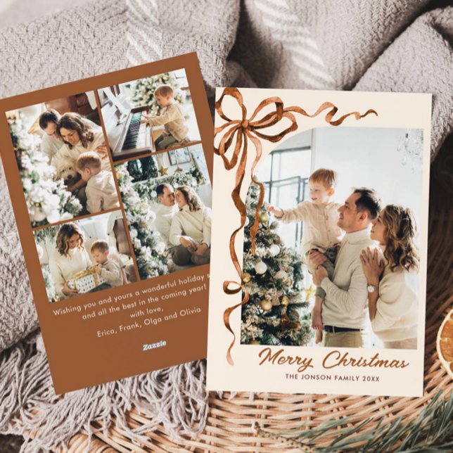 Cartes Pour Fêtes Annuelles Fête Noël Beige Boho Bow Ribbon 5 Photo (Créateur téléchargé)