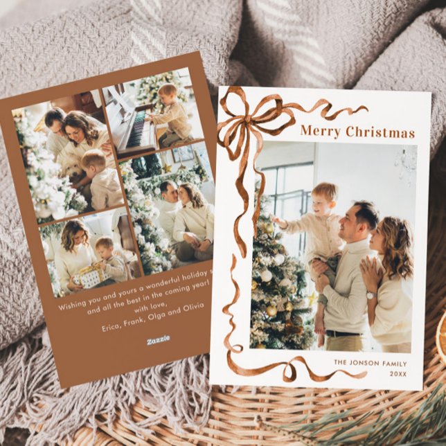 Cartes Pour Fêtes Annuelles Fête Noël Beige Boho Bow Ribbon 5 Photo (Créateur téléchargé)