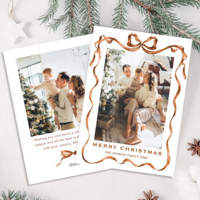 Cartes Pour Fêtes Annuelles Fête Noël Boho Beige Bow Ribbon 2 Photo (Créateur téléchargé)