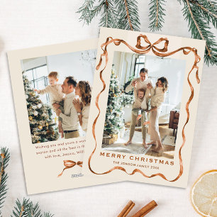 Cartes Pour Fêtes Annuelles Fête Noël Boho Beige Bow Ribbon 2 Photo