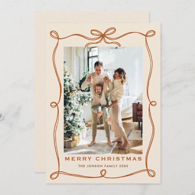 Cartes Pour Fêtes Annuelles Fête Noël Boho Beige Bow Ribbon 2 Photo (Devant / Derrière)